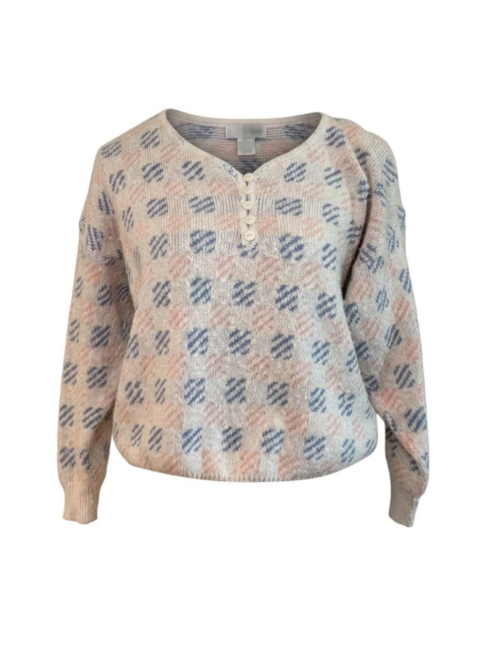 Vintage 80s Cotton Henley Soft & Cozy Coastal Sweater Pastel Geometric Grandma M